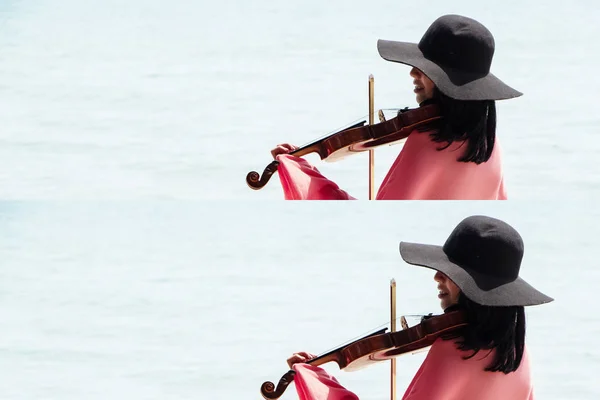 Die Schöne Frau Spielt Geige Strand Zur Entspannung Morgens Verschwommenes — Stockfoto