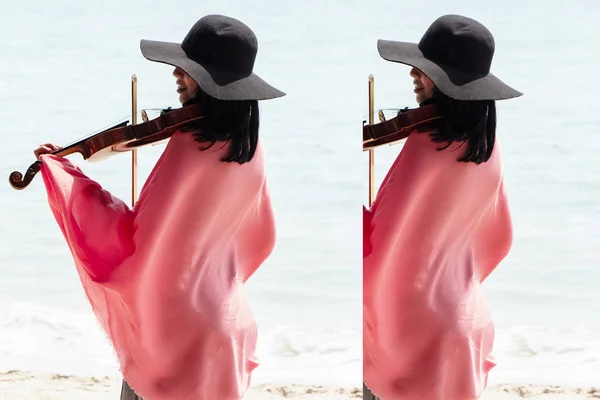 Hermosa Mujer Tocando Violín Playa Para Relajarse Mañana Luz Borrosa — Foto de Stock