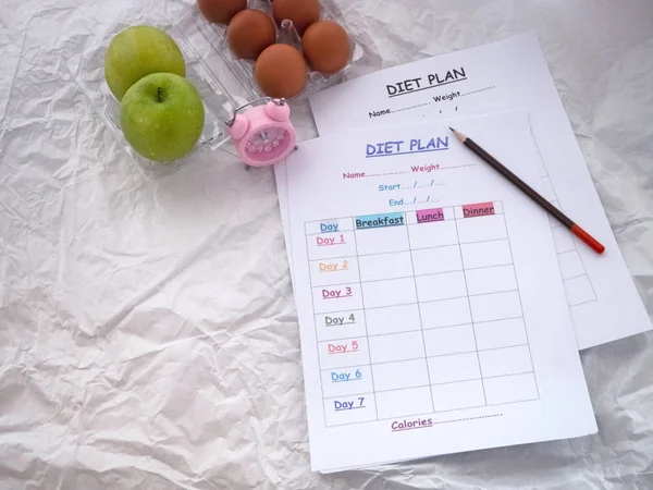 Diet Schedule Plan Put Pen Green Apple Eggs Background Health — Stock Photo, Image
