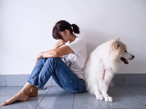 Zemin katta oturan stresli kadın, üzgün ve mutsuz duygu, depresif hastalık sendromu, sağlıksız, köpeğinin yanında oturuyor.
