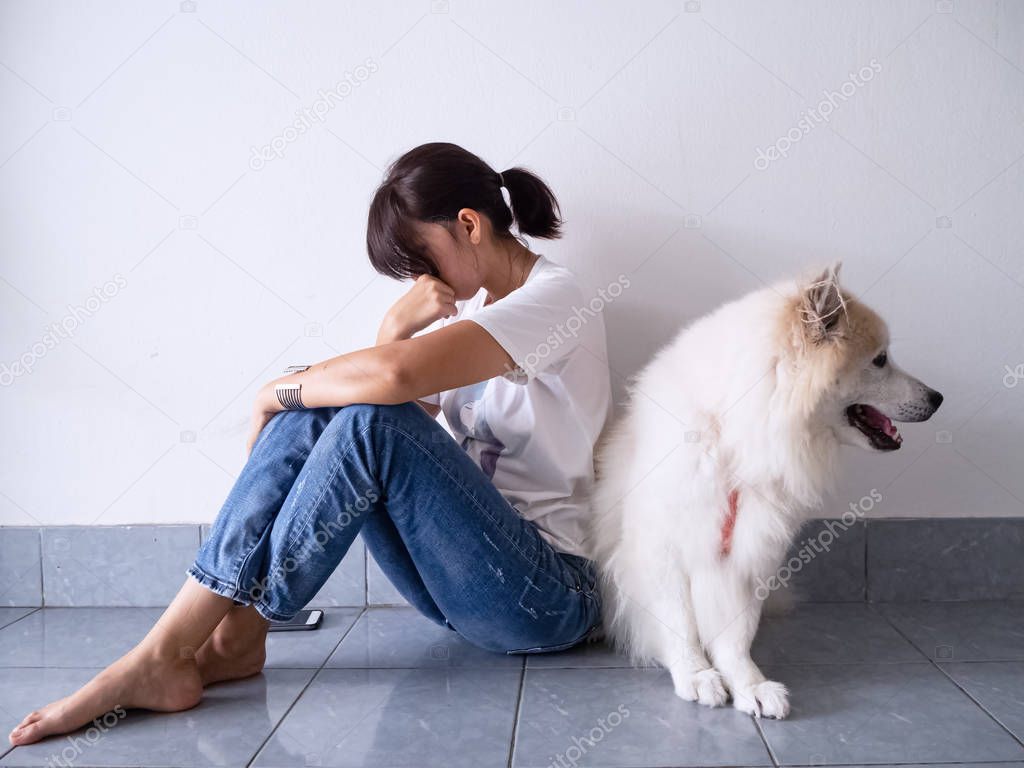 The stress woman sitting on ground floor,upset and unhappy emotion,the depressive disorder syndrome,unhealthy,sitting beside her dog