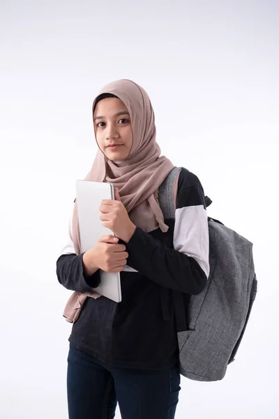 Beautiful Muslim Woman Holding Laptop Hand Backpack Standing Background Prepare - Stock-foto