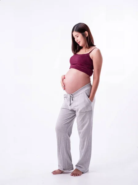 Těhotná Žena Položila Ruku Břicho Láskou Péčí Čeká Novorozence Úsměvem — Stock fotografie