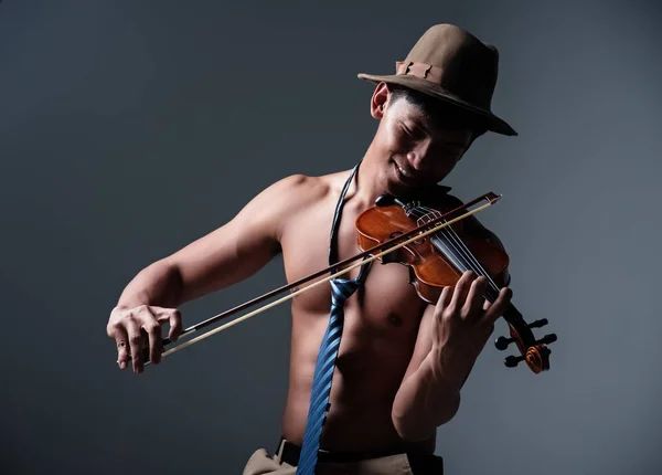 Handsome Man Playing Violin Smile Happy Feeling — Stock Photo, Image