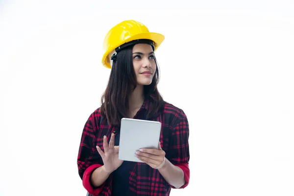 Joven Ingeniera Con Casco Seguridad Amarillo Usando Taplet Gira Boca —  Fotos de Stock