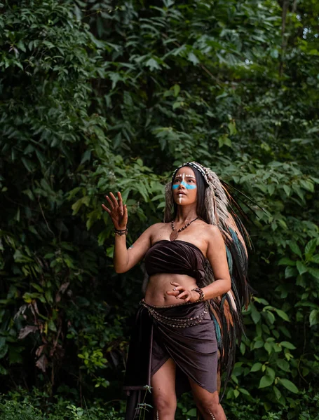 Beautiful Woman Wearing Headdress Feathers Birds Paint Body Brown Color — Stock Photo, Image