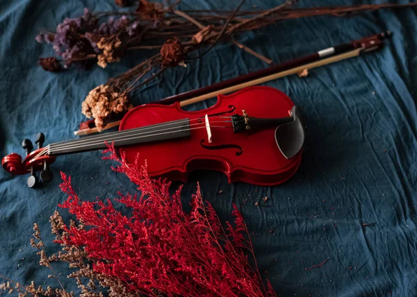 Violín Puesto Junto Flor Seca Sobre Fondo Superficie Grunge Vintage — Foto de Stock