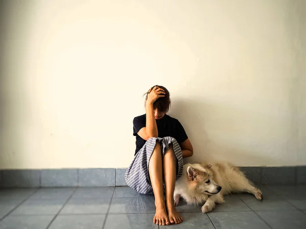 Stressed Woman Sitting Her Dog Ground Floor Raise Hand Cover — Stock Photo, Image