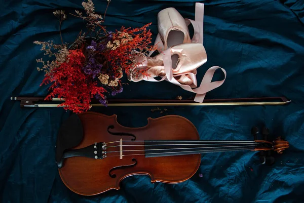 放在干花旁边的小提琴和芭蕾鞋的顶视图 在粗糙的表面背景上 — 图库照片