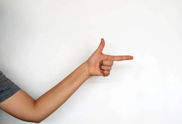 Dedo Humano Apontar Para Lado Direito Sinal Mão Linguagem Corporal — Fotografia de Stock
