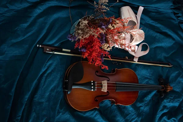 Violino Fiocco Messi Accanto Vasi Fiori Secchi Ballerine Sullo Sfondo — Foto Stock