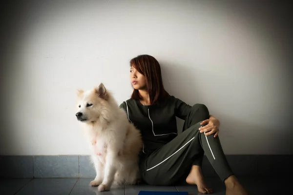 Dame Assise Côté Son Chien Avec Sentiment Malheureux Stress Bouleversé — Photo