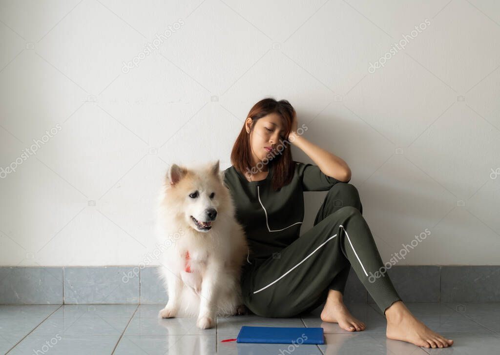 Lady raise hand touch her head, sitting beside her dog with unhappy feeling,stress and upset