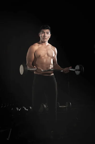 Yakışıklı Adam Halteri Kaldırıyor Kaslı Formda Sıkı Vücut Için Egzersiz — Stok fotoğraf