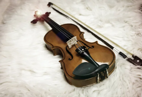 Geige Auf Seidenem Samtstoff Aufgesetzt Details Des Akustischen Instruments Zeigen — Stockfoto