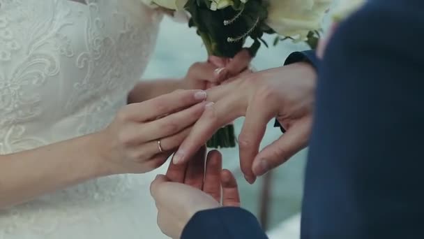 La mariée met l'alliance sur le doigt du marié. Cérémonie de mariage près de l'eau. Les mains de mariage avec des anneaux se ferment. Mariée et marié échangent des alliances . — Video