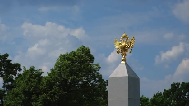 Golden emblem symbol of Russia, against the blue sky. Symbols of the state and nation. Moscow, Russia, sunny summer day. — Stock Video