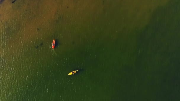 Dois caiaques movendo-se sobre a vista do mar de cima. Caiaque de esportes, canoa no lago em água calma no dia de outono. Canoagem turística na Baía. Cão no barco. Drone aéreo disparado . — Vídeo de Stock