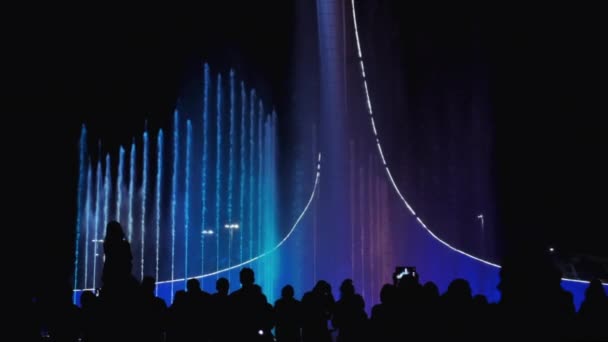 Back view of people silhouettes with smartphone taking pictures of dancing fountains show. Group people enjoying city night view, light, fountain show — Stock Video