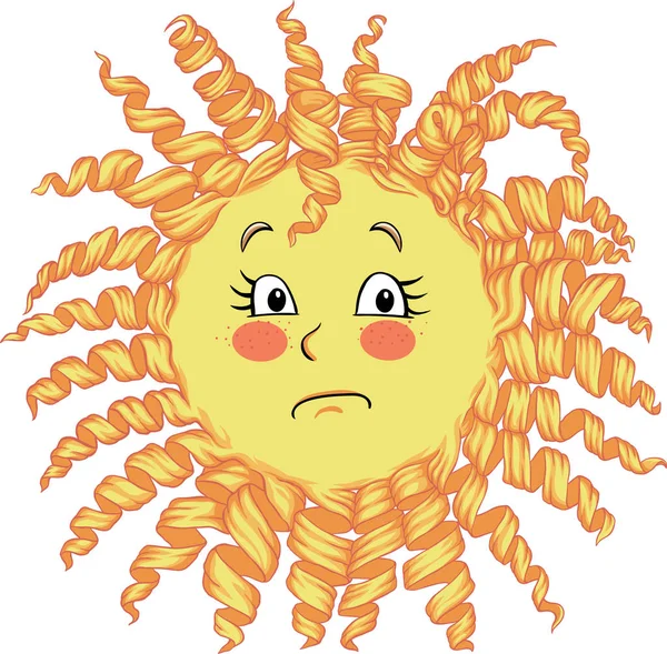 De trieste gele zon met krullen geeft uiting aan de emotie van wrok, verdriet en teleurstelling — Stockvector