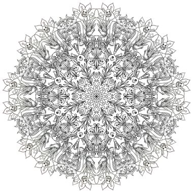 Yuvarlak mandala bir beyaz arka plan simetrik süs siyah çizgilerle çizilmiş.