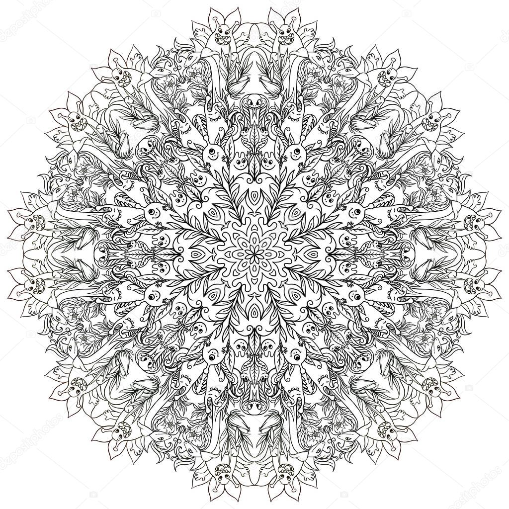Round mandala drawn with black lines on a white background symmetrical ornament.