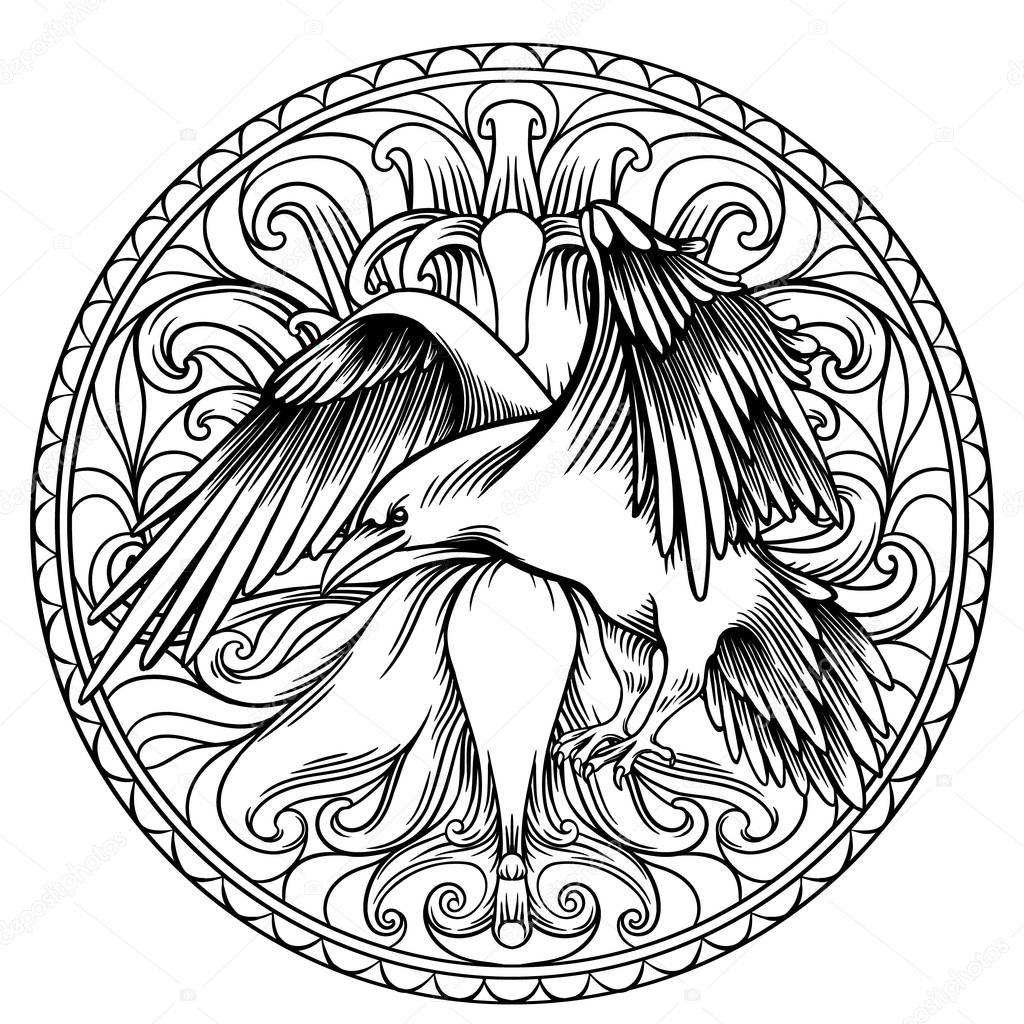 Raven coloring book for adults, linear drawing in a circle