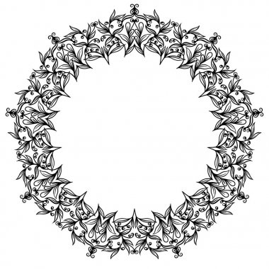 Çiçek dairesel süs, siyah beyaz çizim, doodle boyama