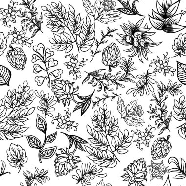 Soyut İskandinav doğa öğeleri ile el çizilmiş desen. Ormanbitki ve hayvanların vektör seti.