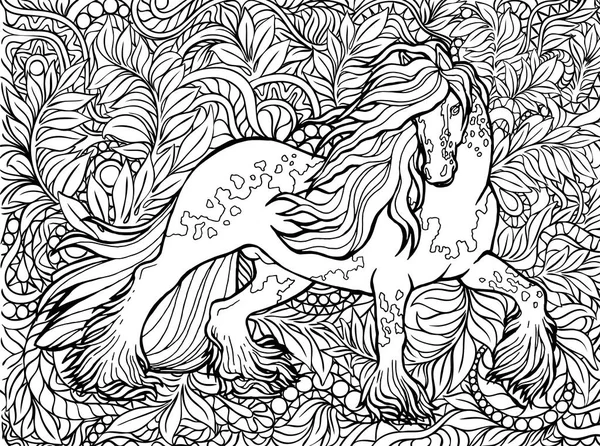 Unicórnio e flores. Animal mágico. Obra de arte vetorial. Preto e branco, monocromático. Desenhos para colorir livros para adultos e crianças . —  Vetores de Stock