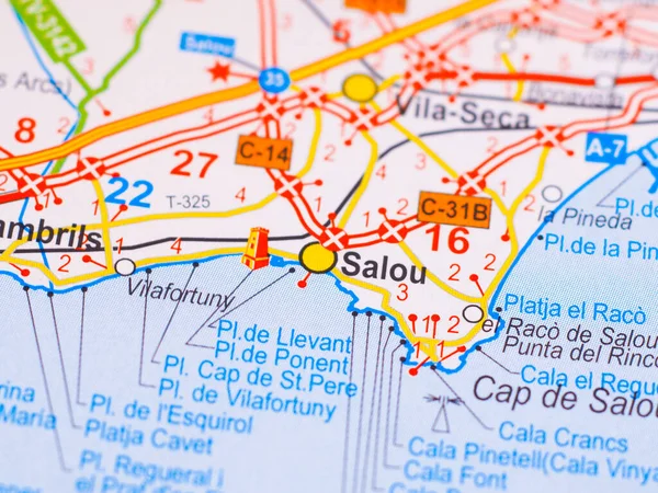 Macro picture of the location on the map of the city of Salou in Spain