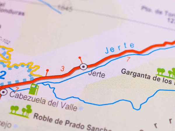 Macro picture of the location on the map of the city of Jerte in Spain