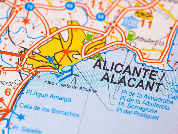 Macro picture of the location on the map of the city of Alicante in Spain