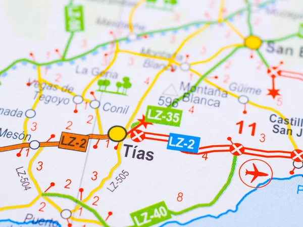 Macro picture of the location on the map of the city of Tias in Spain