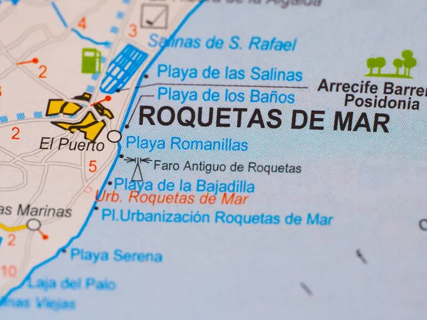 Macro picture of the location on the map of the city of Roquetas de mar in Spain