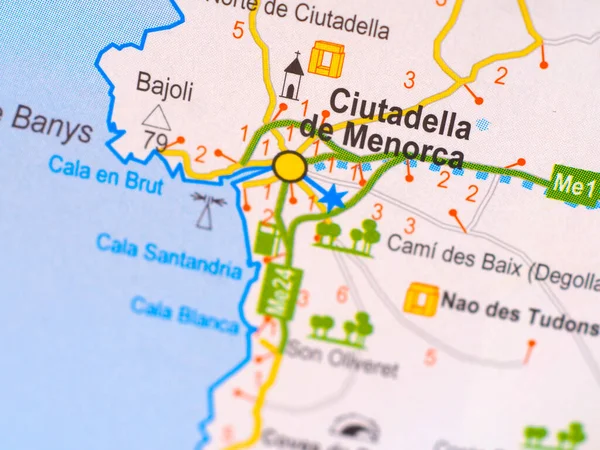 Macro picture of the location on the map of the city of Menorca in Spain