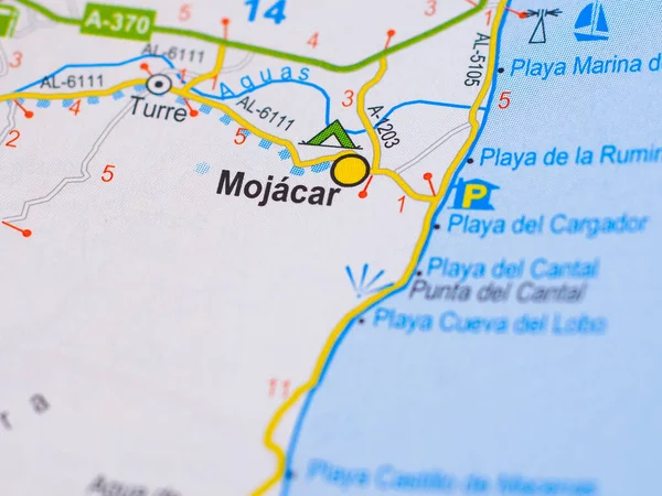 Macro picture of the location on the map of the city of Mojacar in Spain