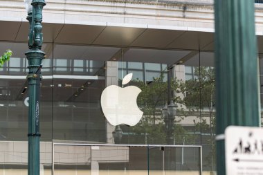 Portland, OR / USA - August 3 2018: Apple store logo on apple store in downtown. clipart