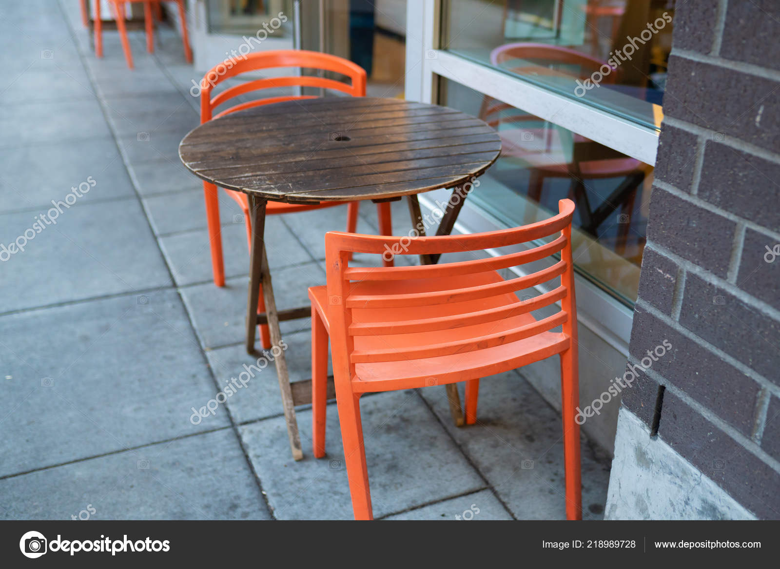 Wooden Table Orange Chairs Pearl District Downtown Portland Oregon