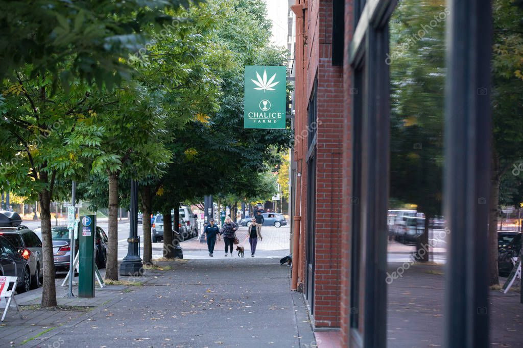 Portland, OR / USA - October 6 2018: Chalice farms medical and recreational marijuana dispensary store.