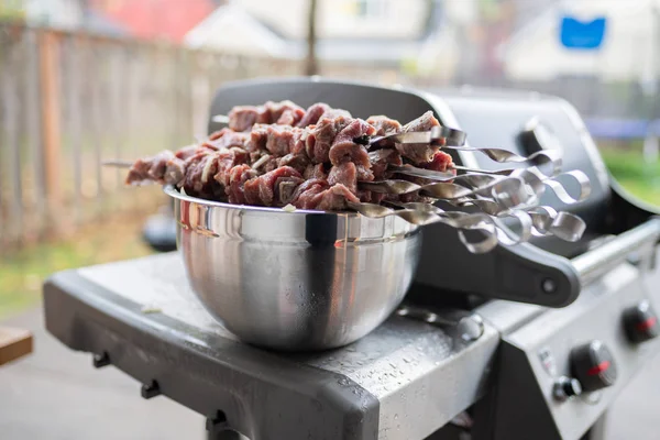 Montón Trozos Carne Cruda Pinchos Barbacoa Kebab — Foto de Stock