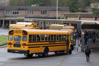 Portland, ya da / Amerika Birleşik Devletleri - 12 Aralık 2018: sarı okul otobüsleri Jackson genel orta okulda sınıflar için gelen birçok çocuk ile sabah Park.