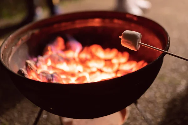 Marshmallow Stick Being Roasted Barbecue Hot Coals — Stock Photo, Image