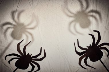 Örümcek ağlı, gri arka plandaki çubuklarla tutulan karton örümceğin gölge kuklası. Cadılar Bayramı Dekorasyonu.