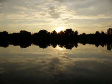 Günbatımı gökyüzü göl ağaç siluet ile yukarıda
