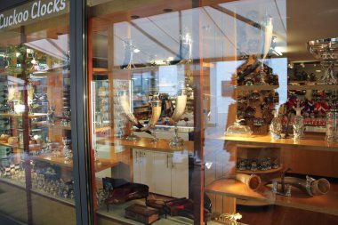 Vaduz, Liechtenstein - 06 08 2016: Beautiful Swiss Luxury Souvenir Shop with Hunting Horns in Vaduz, Liechtenstein clipart
