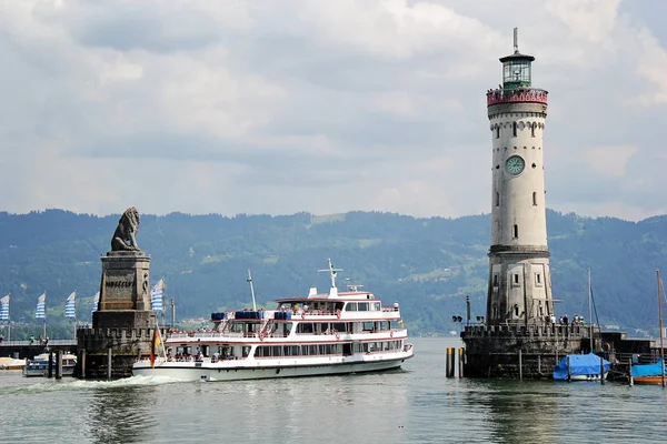 Porto Lindau Com Farol Navio Bodensee Alemanha — Fotografia de Stock