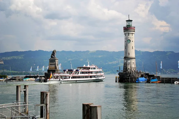 Porto Lindau Com Farol Navio Bodensee Alemanha — Fotografia de Stock