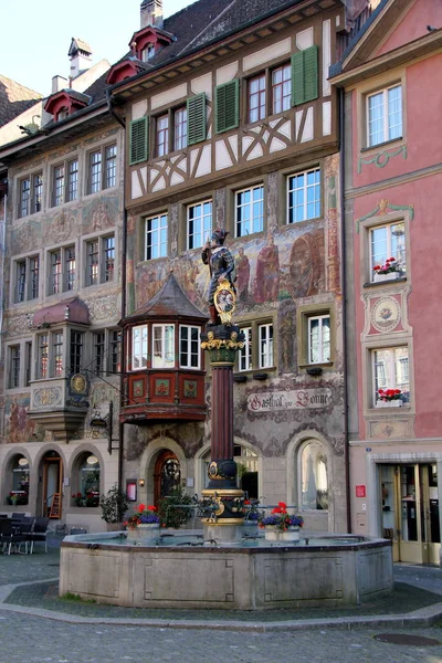 Stein Rhein Szwajcaria Mainstreet Fontanną — Zdjęcie stockowe