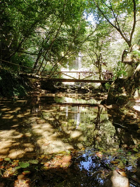 Brücke Über Den Fluss Wald Mit Reflexion — Stockfoto